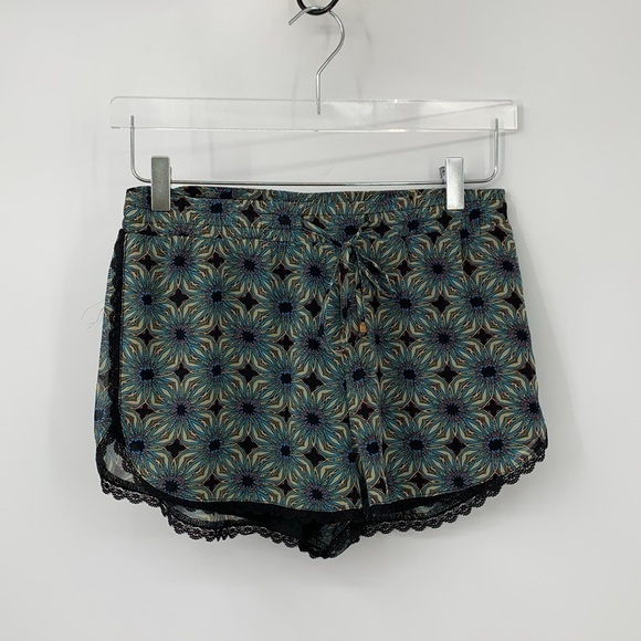Sans Souci floral star shorts black lace trim drawstring lounge blue print Small - Picture 1 of 4